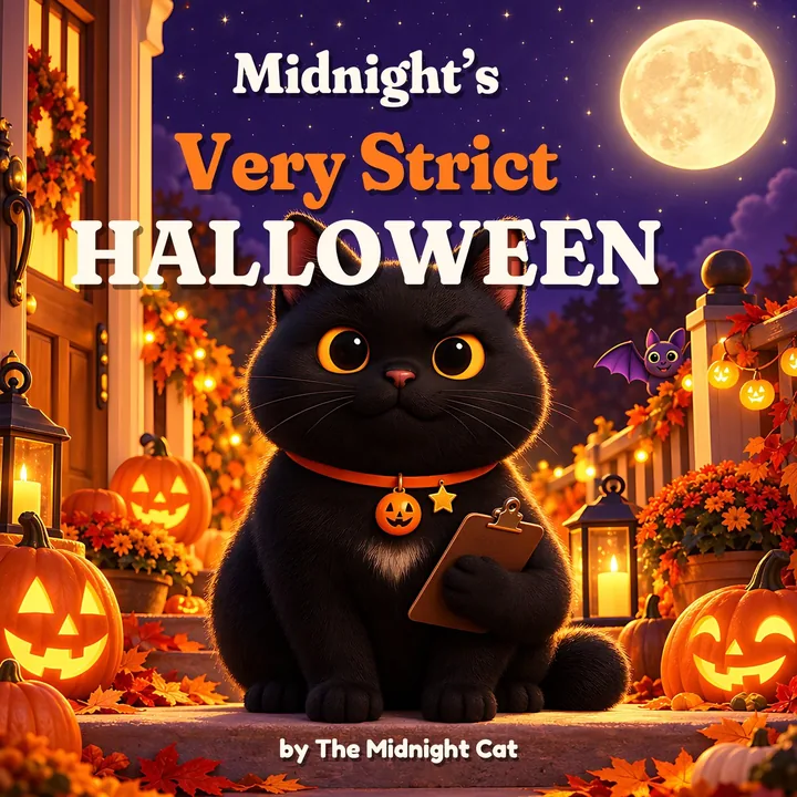 Cover of Midnight's Very Strict Halloween: a small black cat with a clipboard on a pumpkin-lit porch