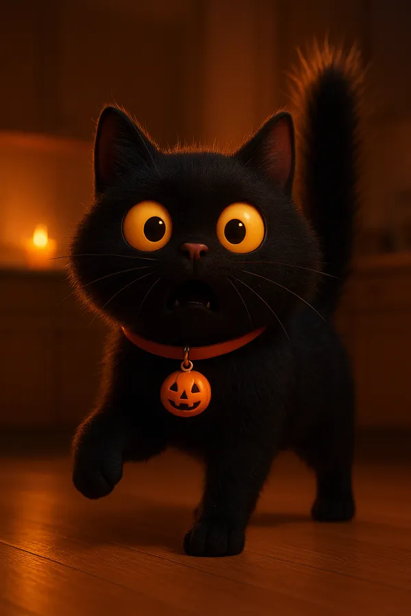 Midnight, wide-eyed and startled, in a candlelit room