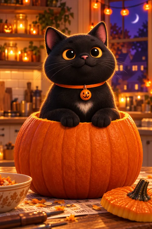 Midnight sitting inside a hollowed-out pumpkin like a king