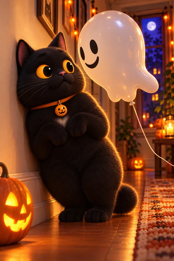 Midnight backed against a wall as a ghost balloon floats closer