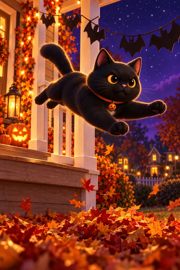 Midnight mid-pounce toward a garland of paper bats