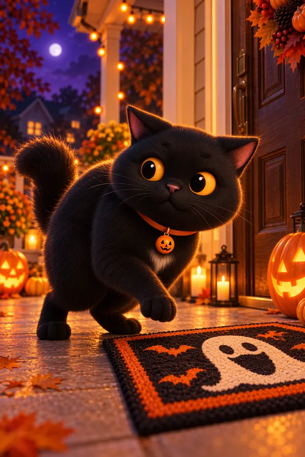 Midnight stepping toward a ghost-print Halloween doormat