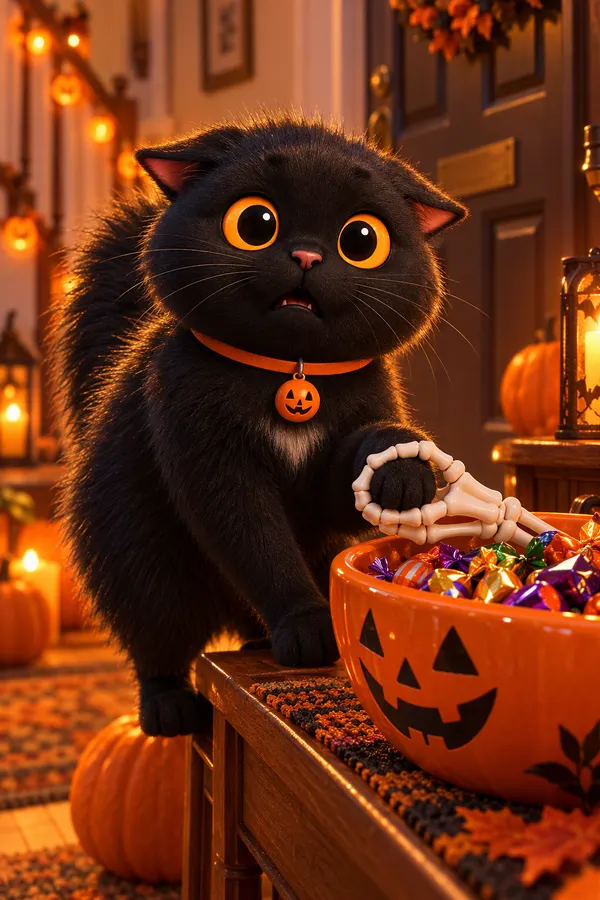 Midnight sitting by a candy bowl with a skeleton hand on its rim