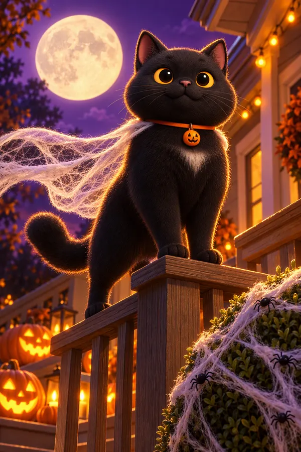 Midnight on a porch railing with cobwebs flowing behind him under the full moon
