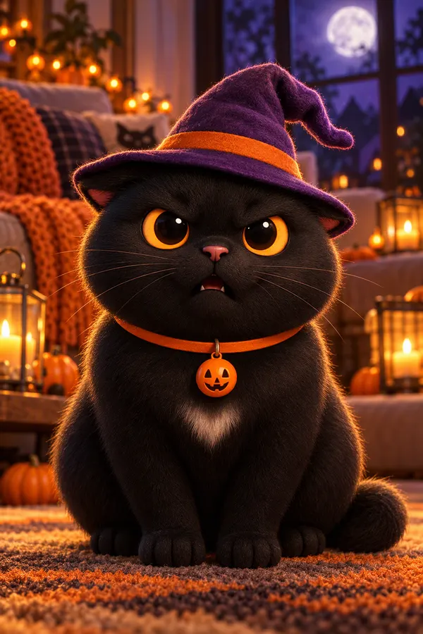 Midnight wearing a tiny purple witch hat