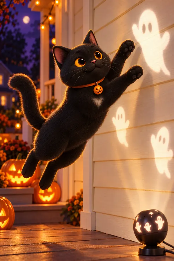 Midnight leaping at glowing ghost lights on the wall