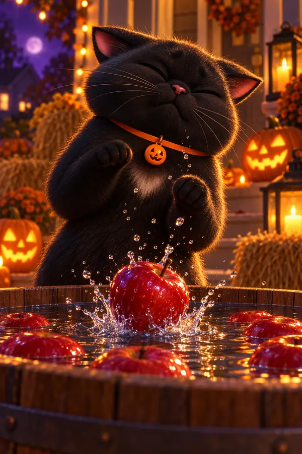An apple splashing up right under Midnight's nose