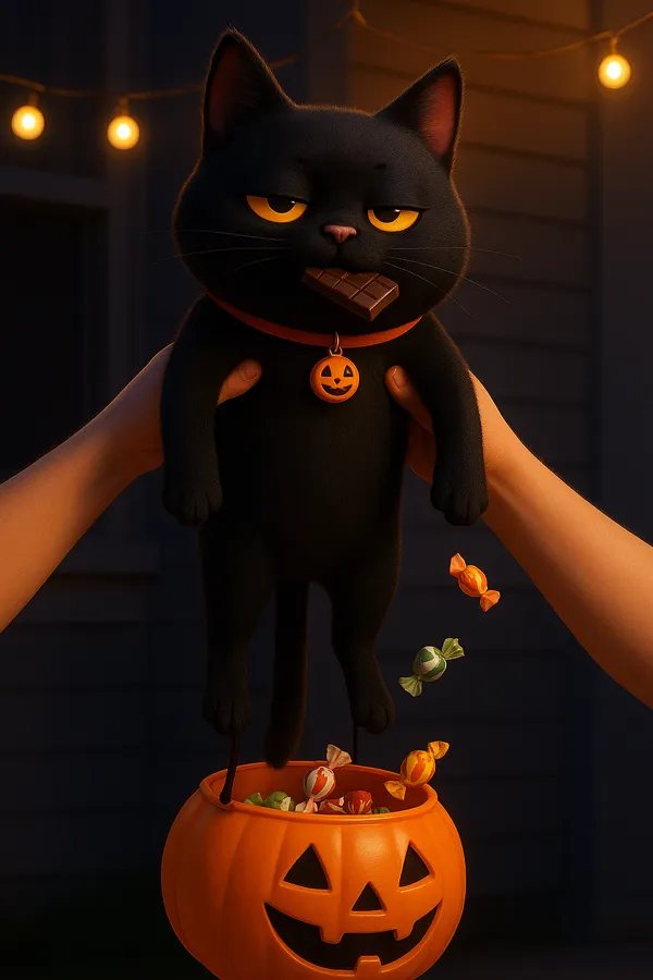 Midnight being lifted out of a pumpkin candy bucket
