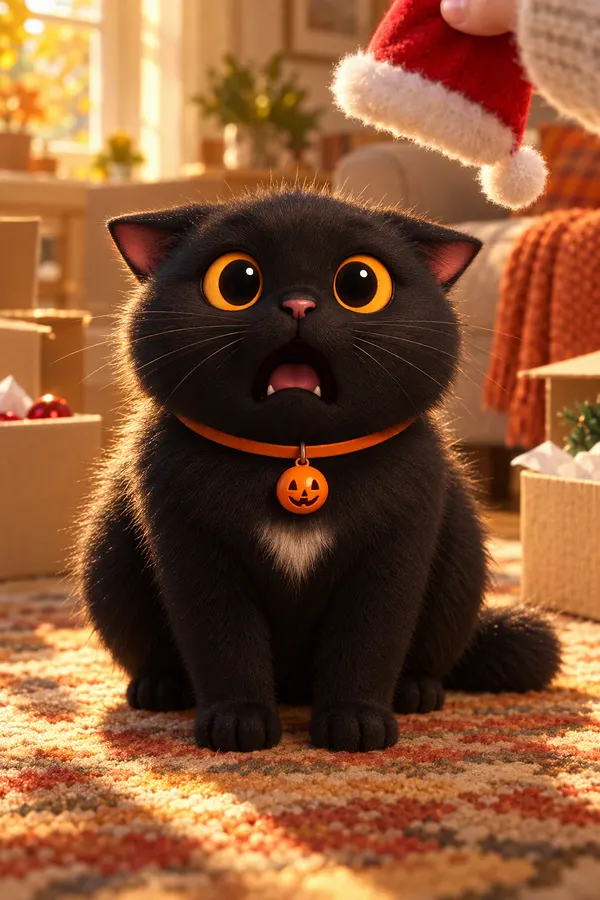 Midnight staring in horror at a Santa hat