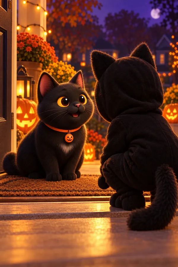 Midnight looking delighted at a child in a black cat costume