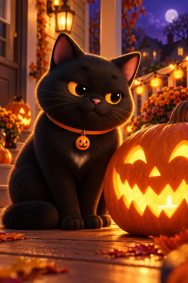 Midnight inspecting glowing carved pumpkins on the porch