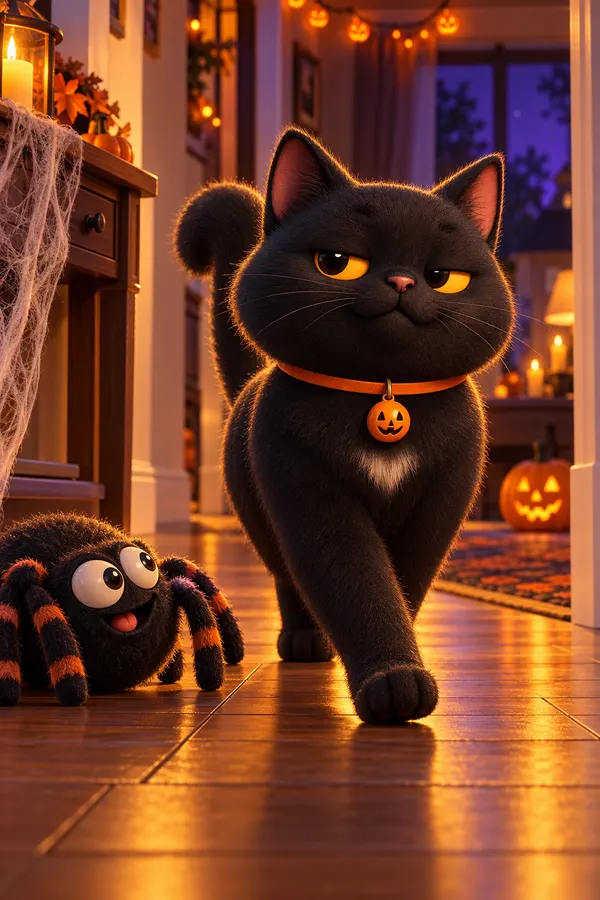 Midnight walking past a giant rubber spider in a decorated hallway