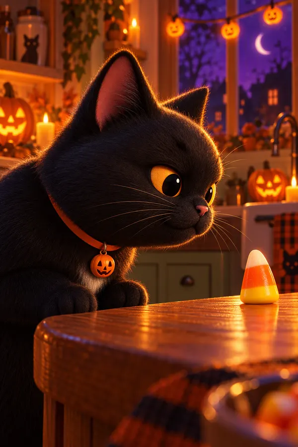 Midnight staring at a piece of candy corn on the edge of a table