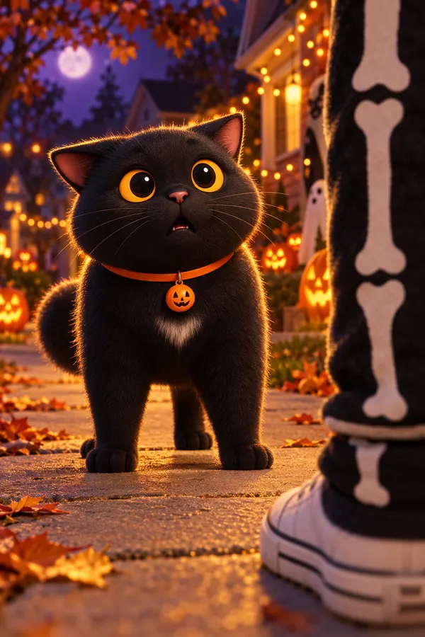Midnight on a leafy sidewalk next to a trick-or-treater's sneakers