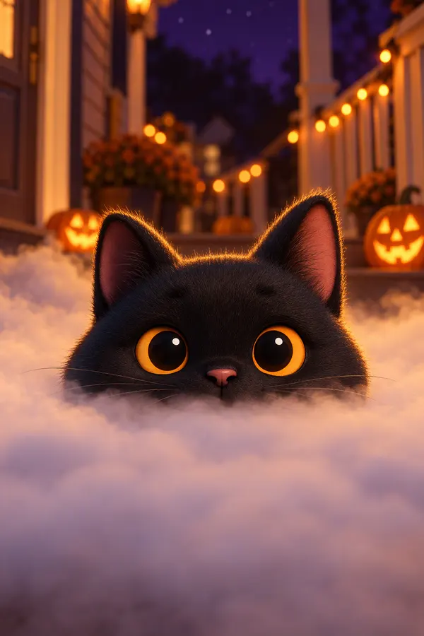 Midnight's ears and eyes peeking out of thick white fog