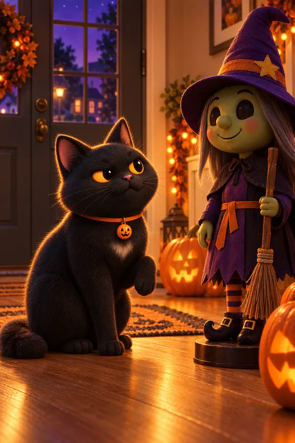 Midnight sitting beside a cackling animatronic witch
