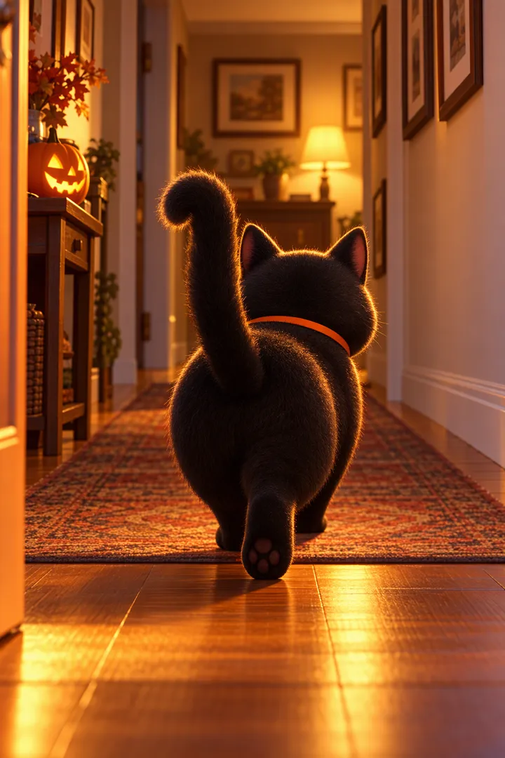Midnight walking proudly away down a warm lamplit hallway, tail held high