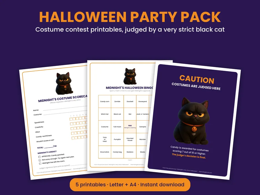 Midnight's Halloween Party Pack: costume scorecard, bingo card and door sign printables